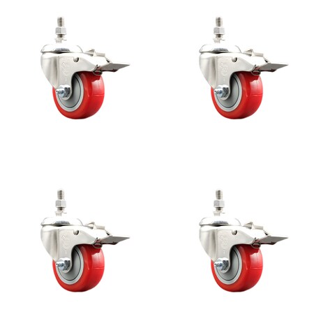 Service Caster 3.5 Inch 316SS Red Polyurethane Wheel Swivel 1/2 Inch Stem Caster Set Lock Brake SS316TSTTL20S3514-PPUB-RED-121315-4